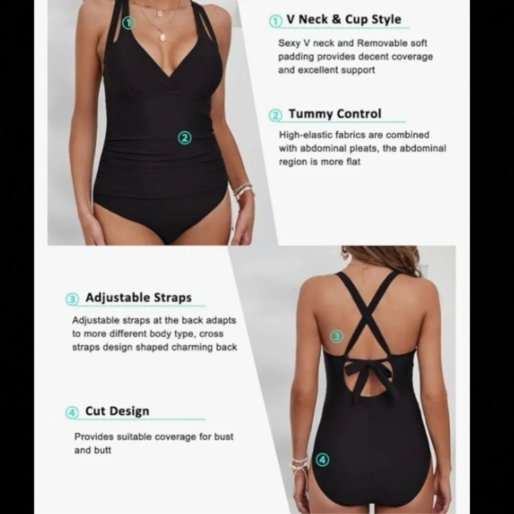 SILKWORLD Women's SMALL One Piece Bathing Suit Tummy Control tie Back Swimsuit